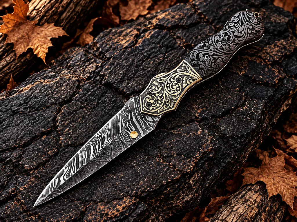 Damascus folding knife with brass liners and easy lock - angle 3