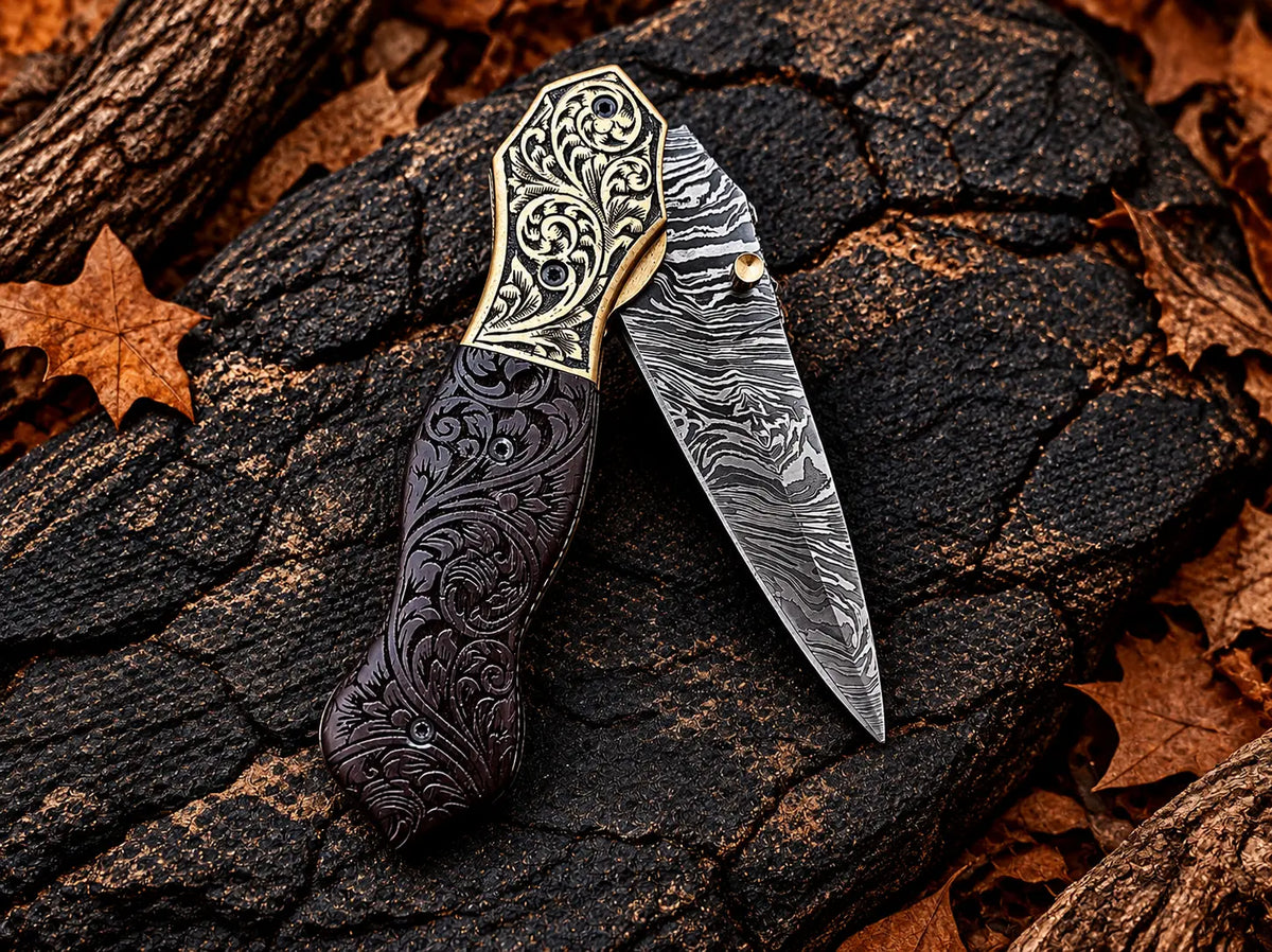 Handmade folding knife with carved wood scales and brass bolsters - angle 4