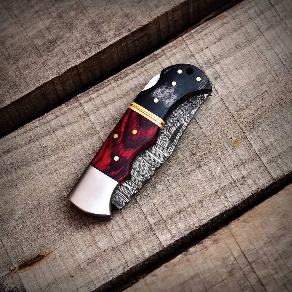 Damascus steel folding pocket knife with genuine leather sheath