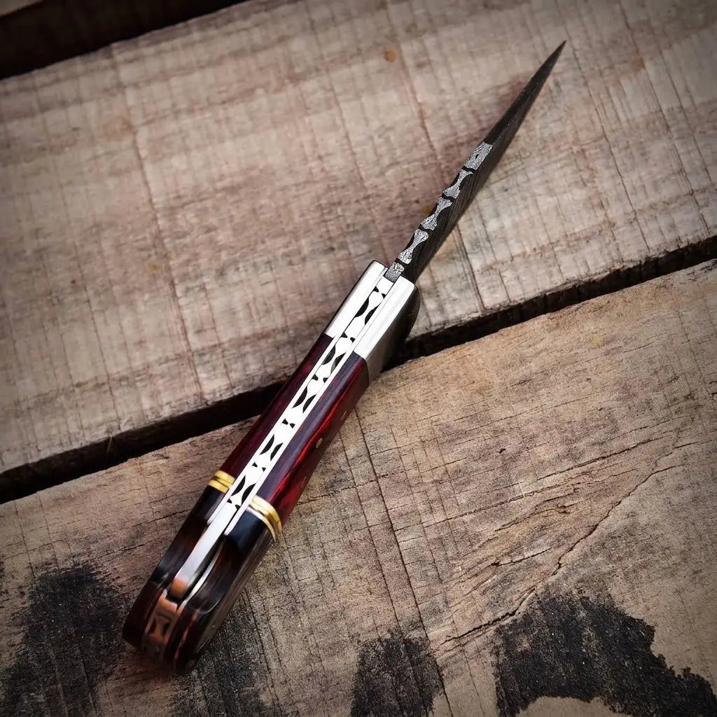 Damascus steel folding pocket knife open, EDC everyday carry knife