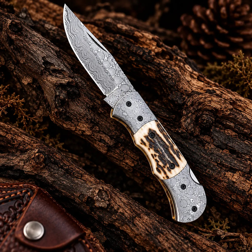 Handmade Damascus folding knife with stag antler handle and raindrop pattern - full view