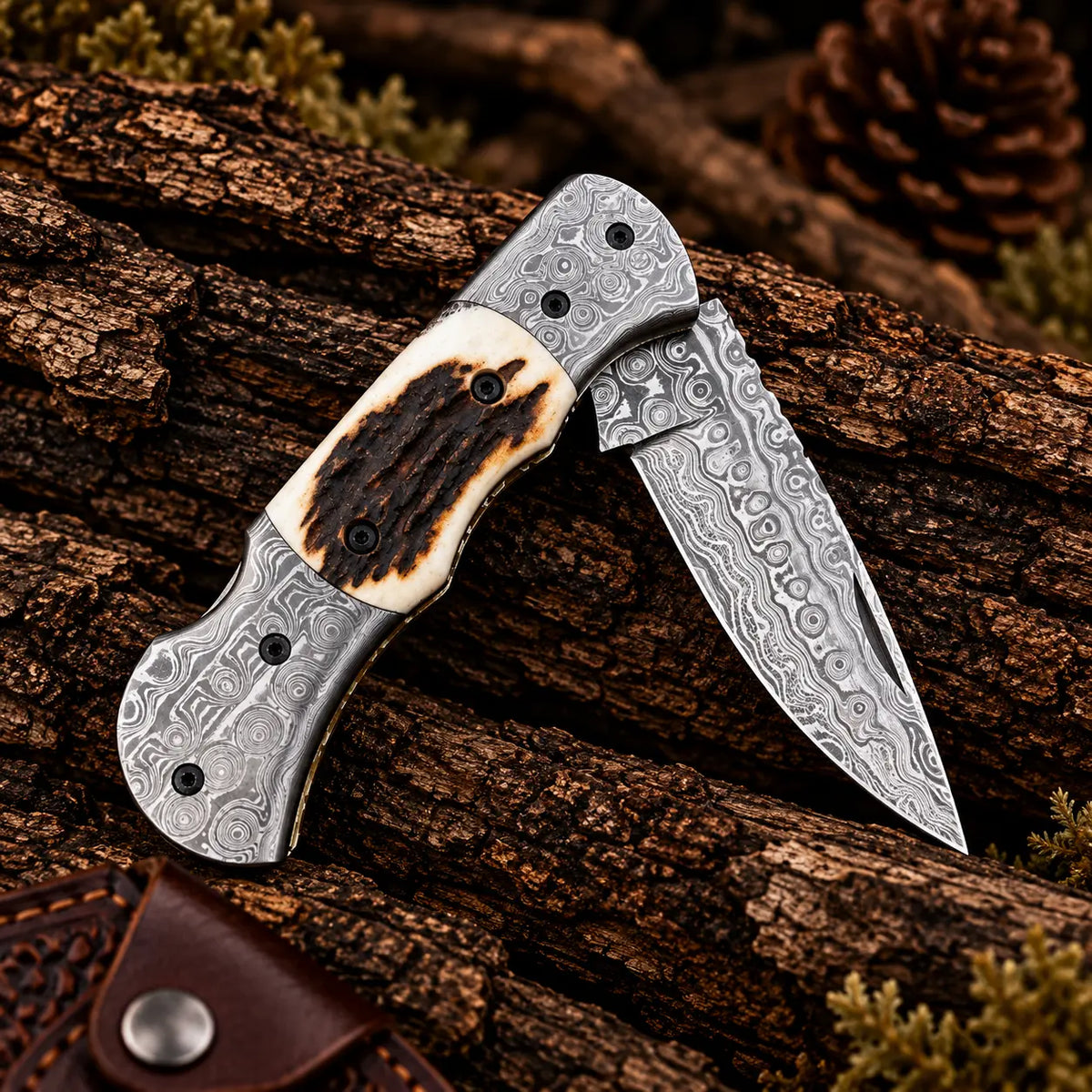 Damascus folding knife open on wood background