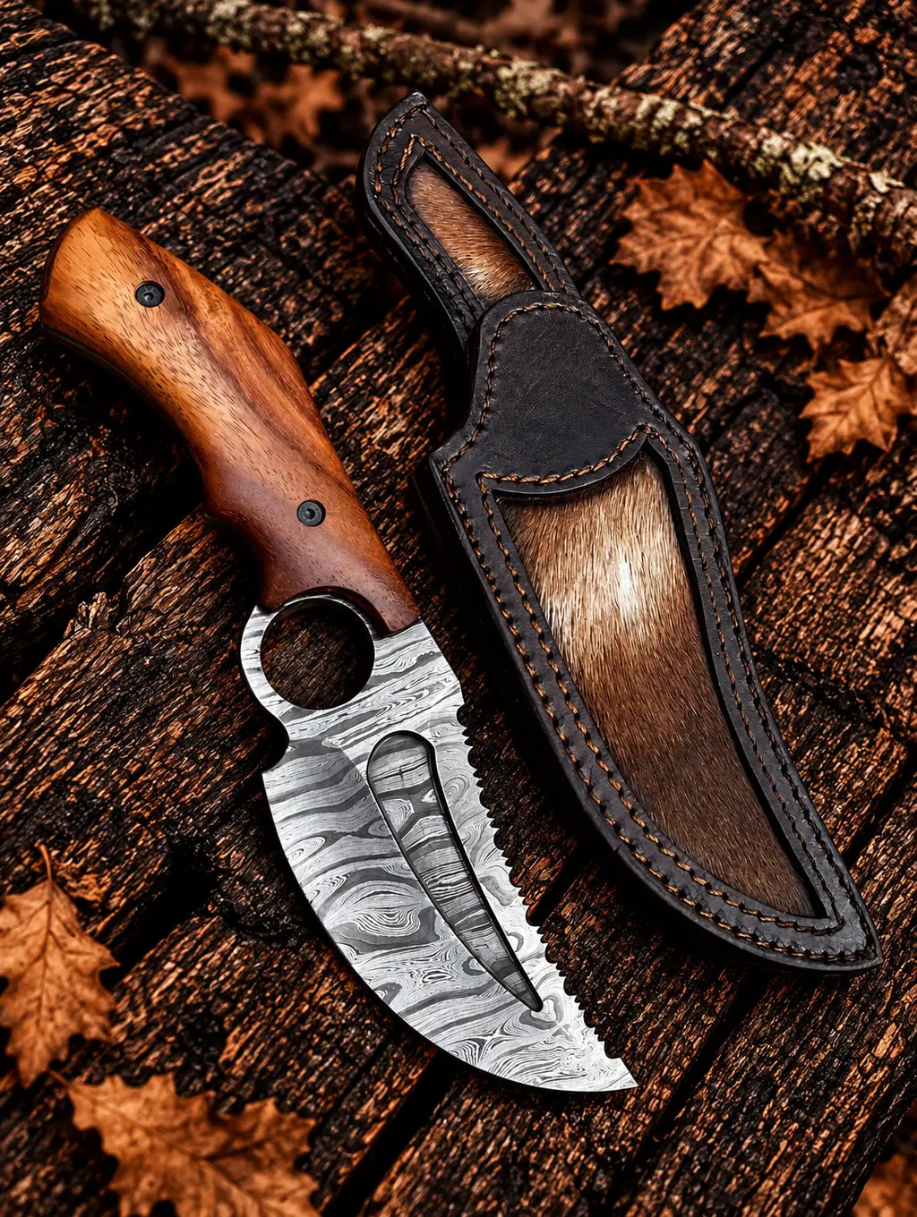 Handmade twist pattern Damascus full tang finger hole knife with blood groove, saw tooth edge, wooden handle and hair-on cowhide sheath - full view