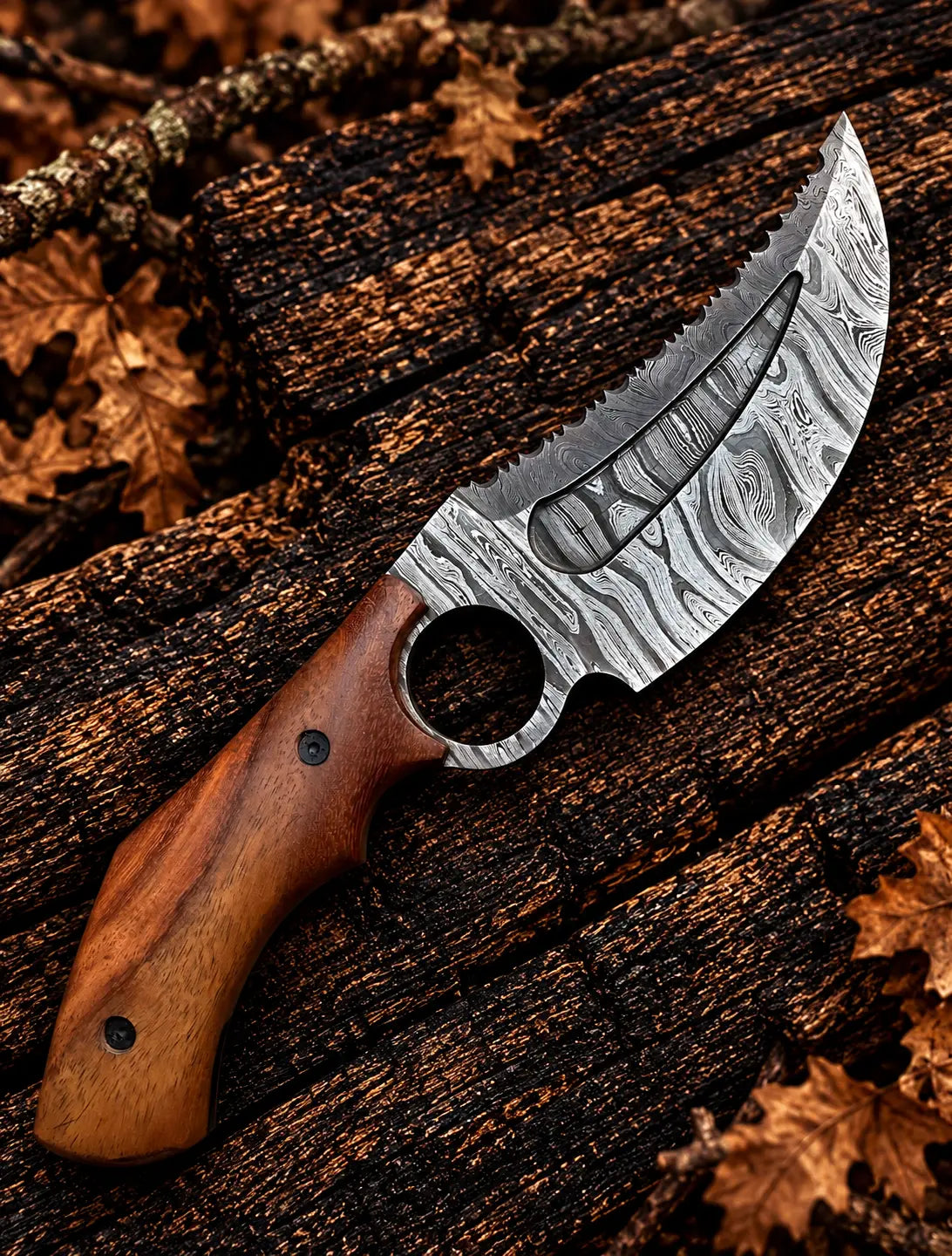 Twist pattern Damascus finger hole knife with blood groove and saw tooth edge - angle 2