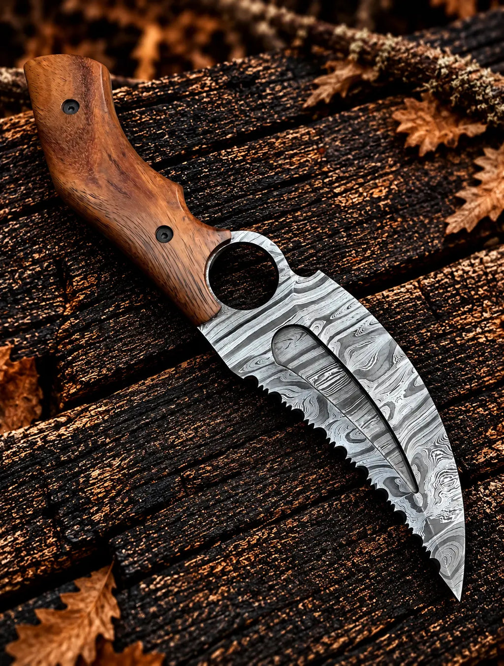 Handmade Damascus full tang knife with wooden handle - angle 3