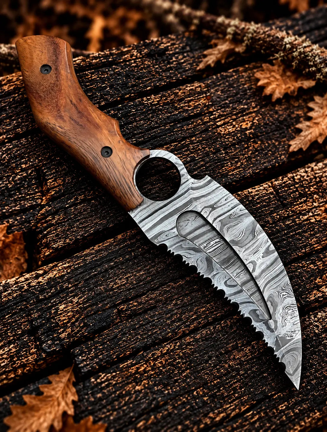 Handmade Damascus full tang knife with wooden handle - angle 3