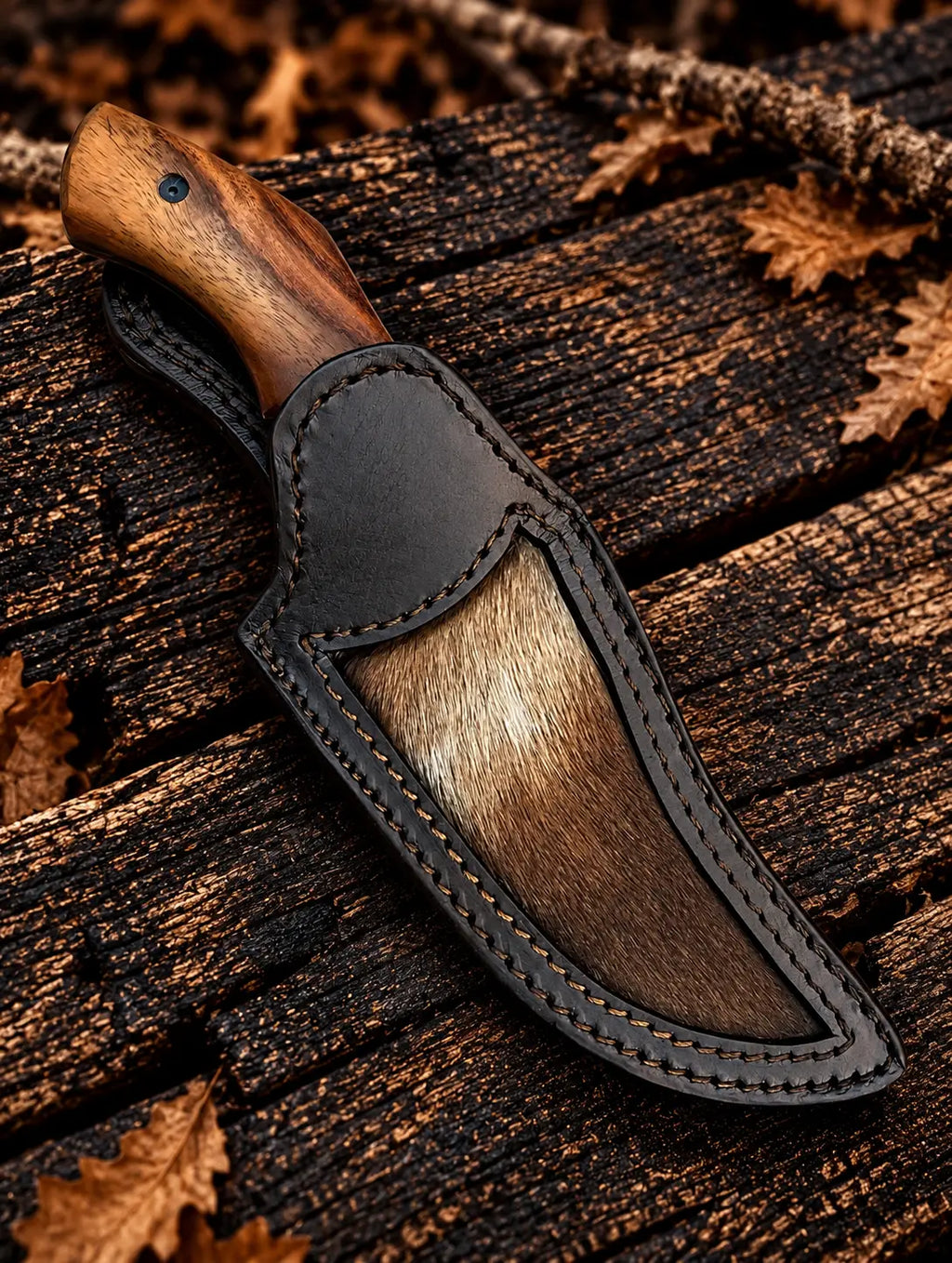 Damascus finger hole knife with Italian leather hair-on cowhide sheath - angle 4