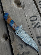 Genuine Italian leather sheath with textured tooling for Damascus full tang knife