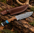 Handmade Damascus full tang skinner knife with leather sheath - full view