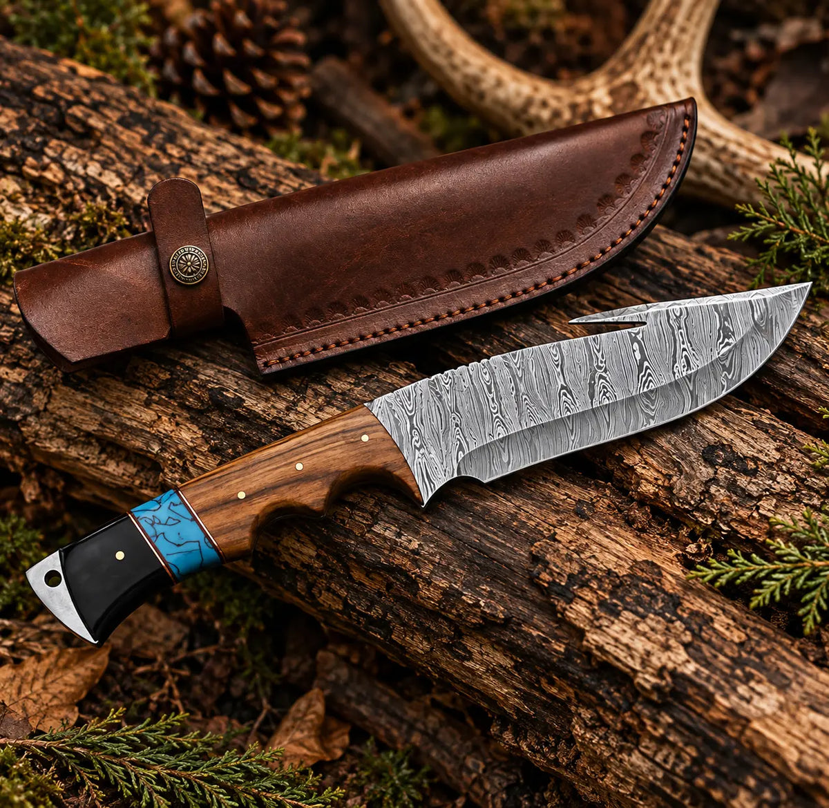 Handmade Damascus full tang skinner knife with leather sheath - full view