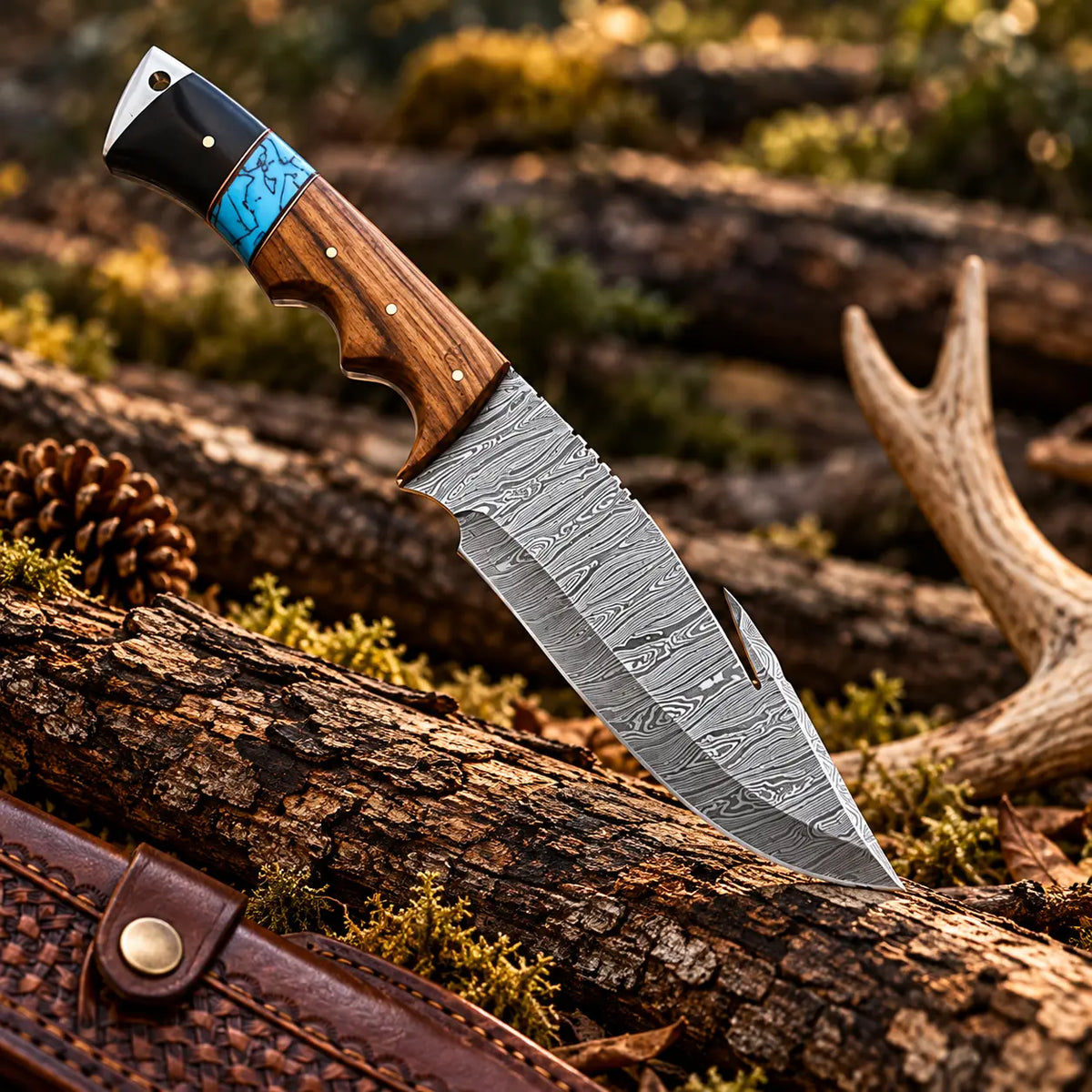 Damascus steel blade pattern close-up on full tang skinner knife