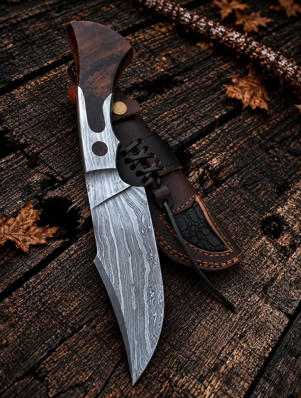Handmade Damascus hunting knife with rosewood handle and leather sheath - full view