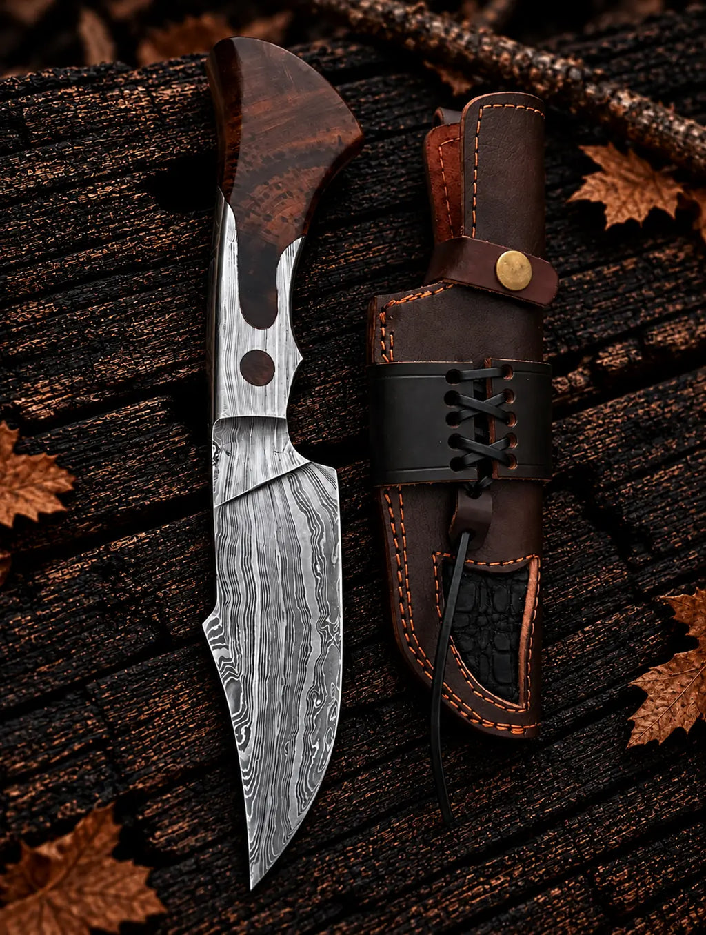 Damascus hunting knife on wood background - side angle
