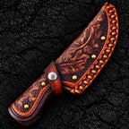 Braided leather edge and brass snap closure detail on Italian leather sheath