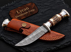 Damascus hunting knife with leather sheath - tooled scrollwork detail