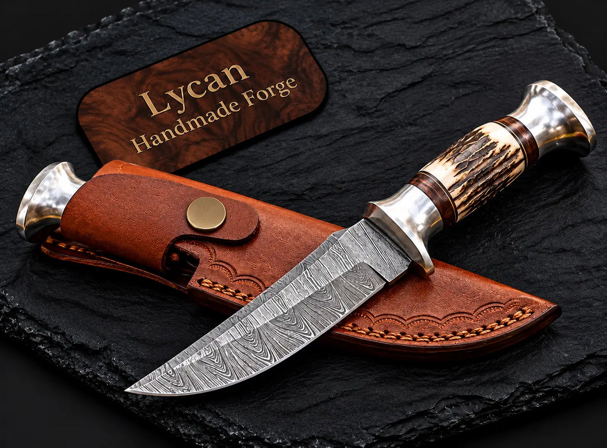 Damascus hunting knife with leather sheath - tooled scrollwork detail