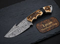 Handmade Damascus skinner knife with gut hook blade and stag handle - full view