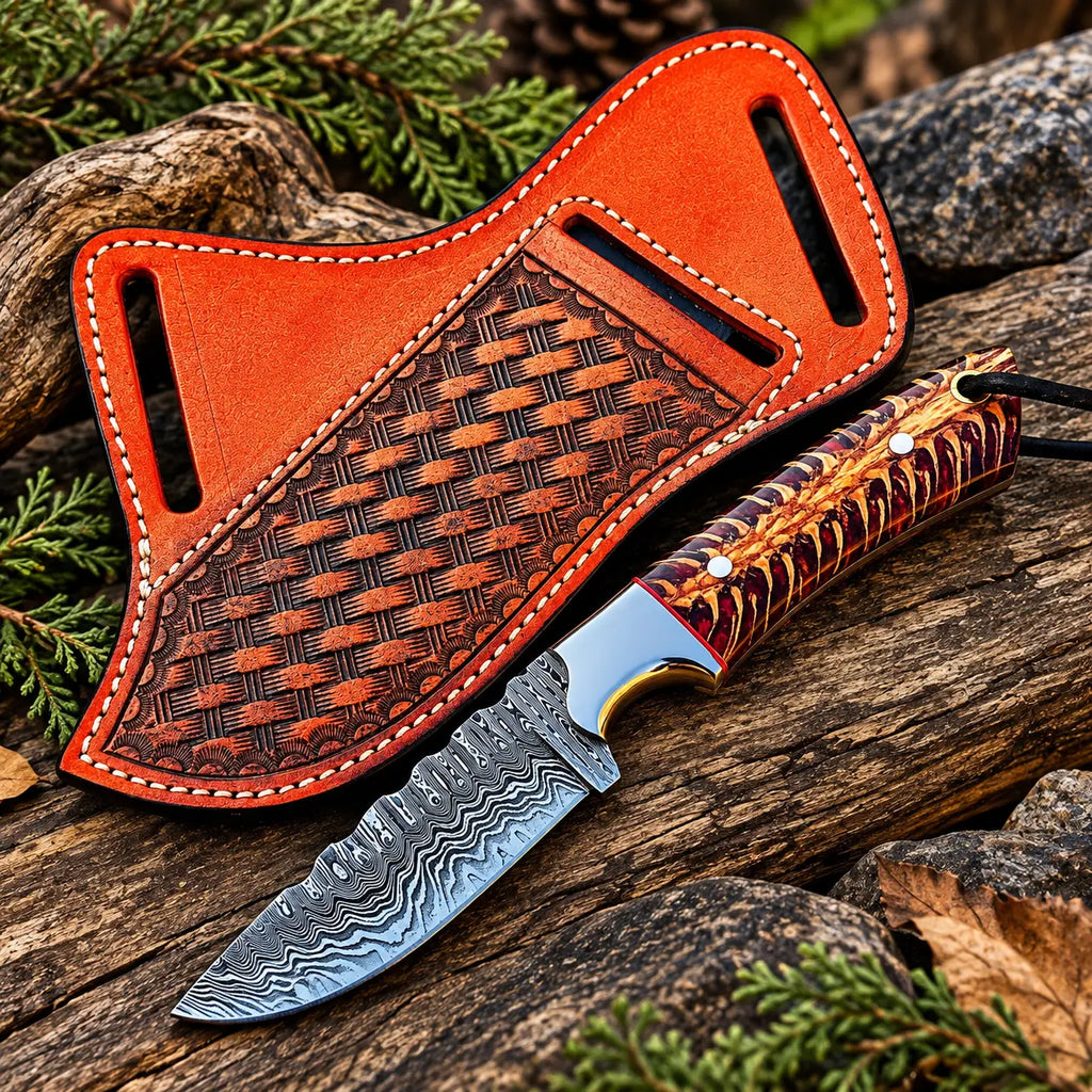 Damascus steel drop point blade close-up on skinner knife with purple handle
