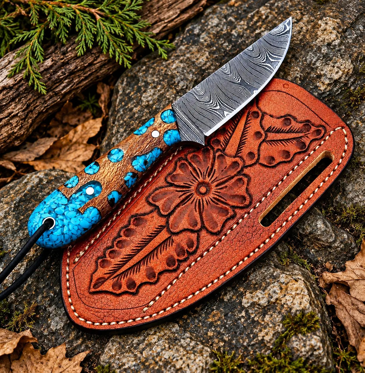Handmade Damascus steel skinner knife with turquoise inlay handle and floral leather sheath - full view