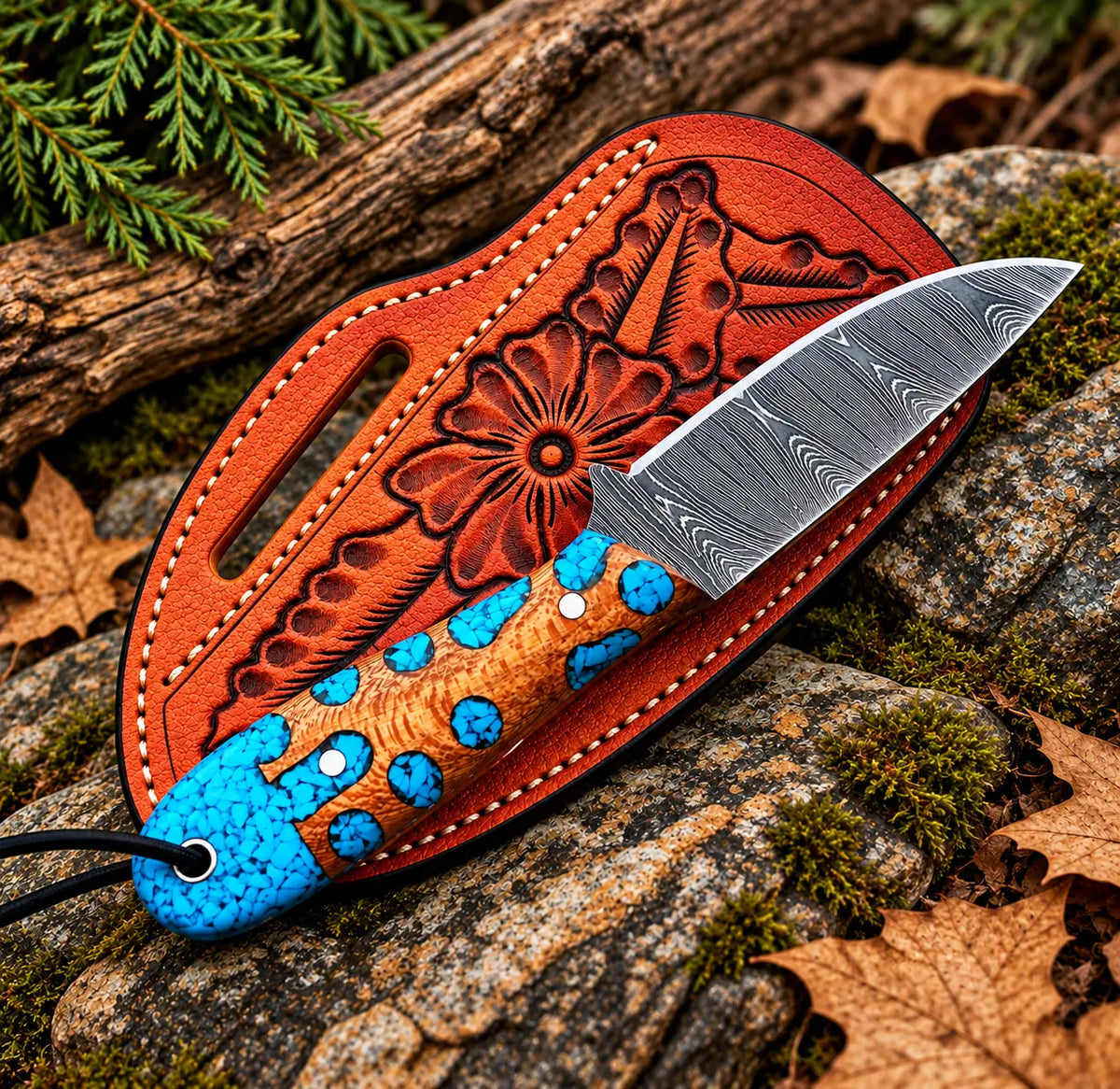 Crushed turquoise stone inlay handle detail on Damascus skinner knife