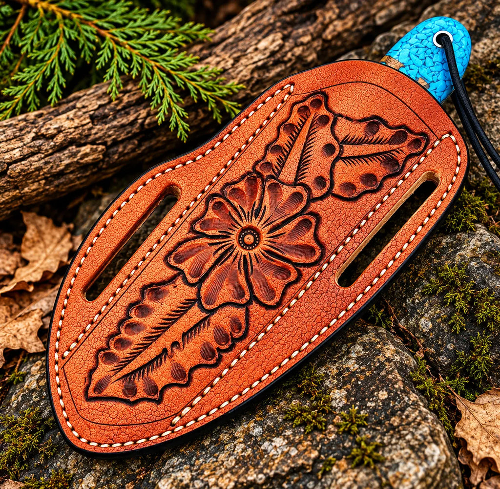 Damascus skinner knife on rock background - side angle