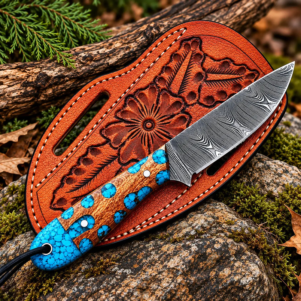 Damascus steel blade pattern close-up on turquoise inlay skinner knife