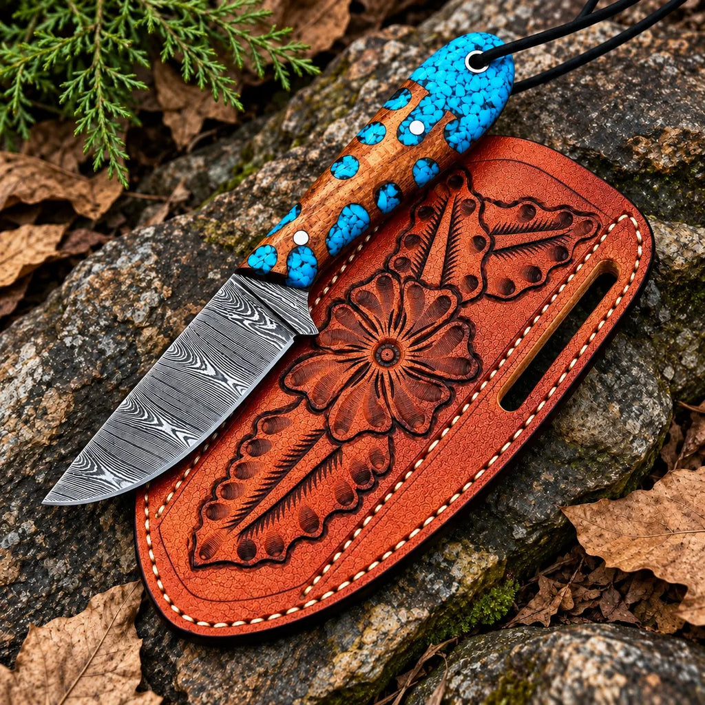Damascus skinner knife with braided leather lanyard detail