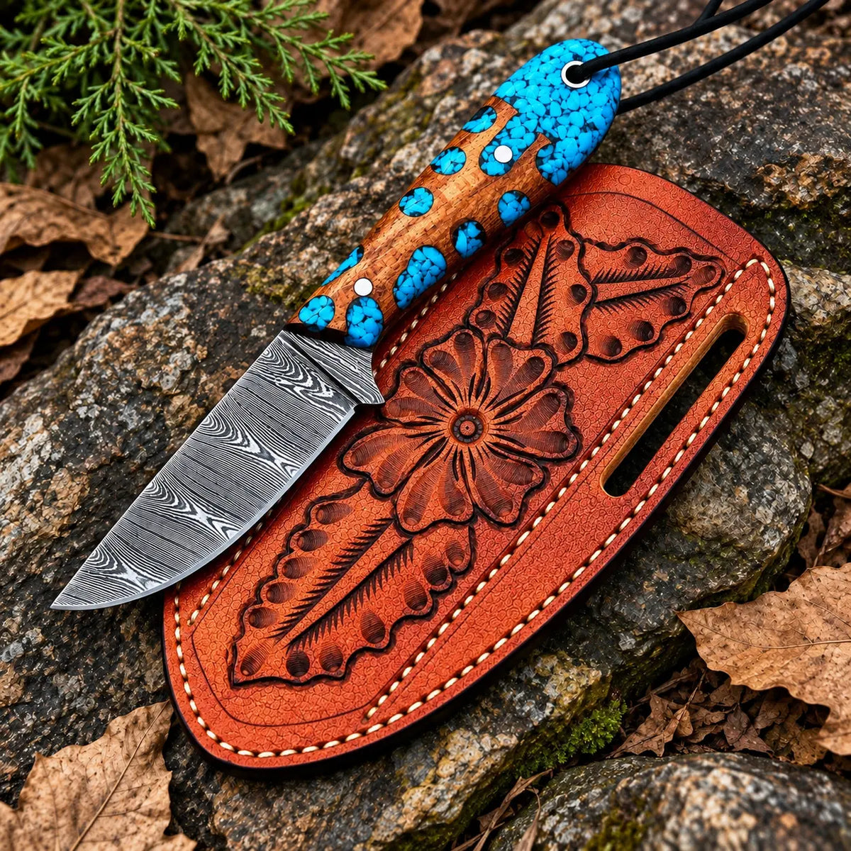 Damascus skinner knife with braided leather lanyard detail
