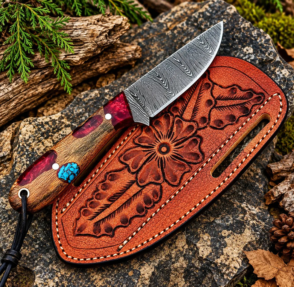 Handmade Damascus steel skinner knife with turquoise inlay handle and tooled leather sheath - full view