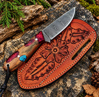 Handmade Damascus steel skinner knife with turquoise inlay handle and tooled leather sheath - full view