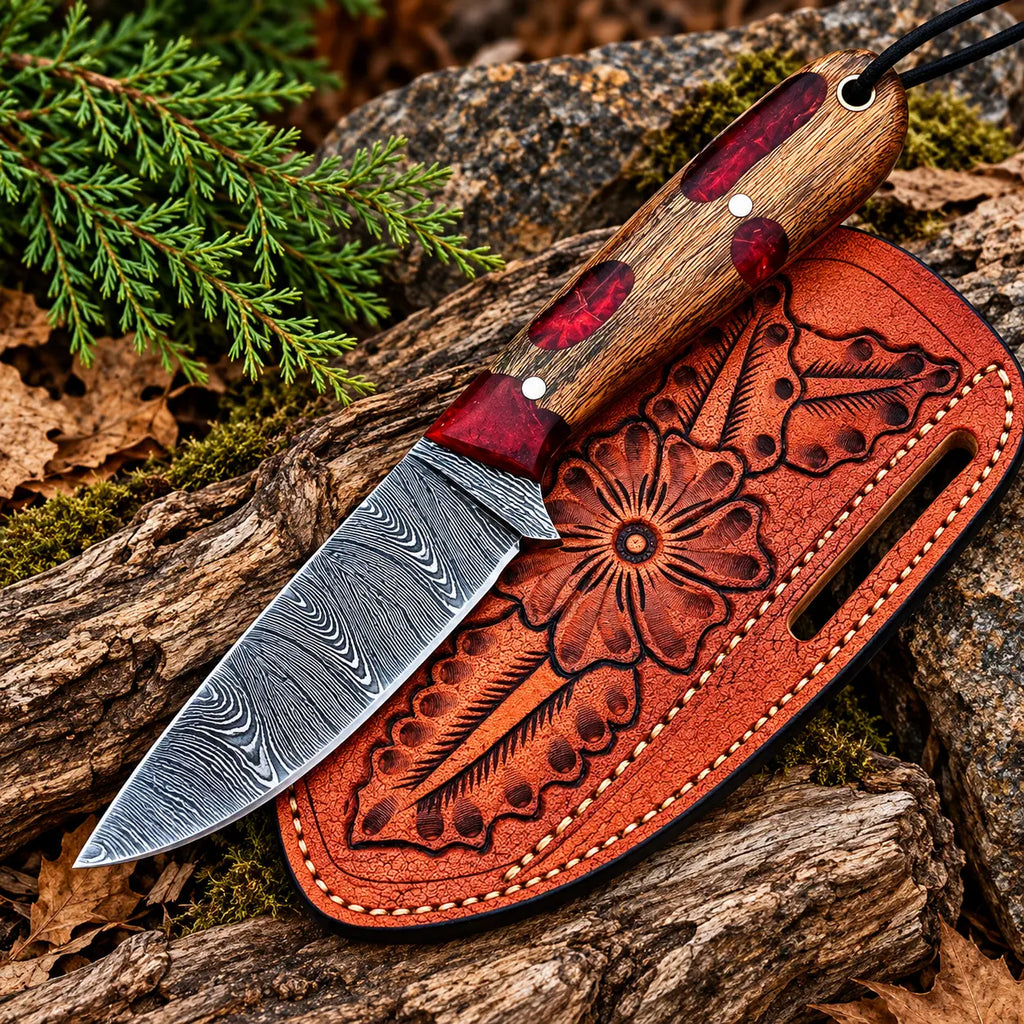 Damascus steel drop point blade close-up on skinner knife