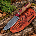 Damascus steel drop point blade close-up on skinner knife