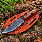 Wood handle with red resin and turquoise stone inlay detail