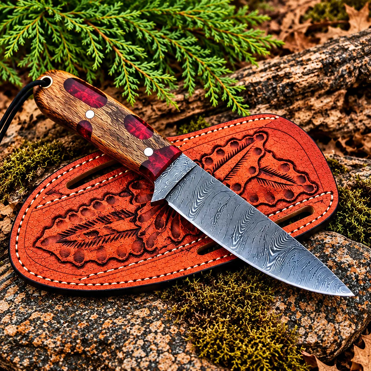 Hand-tooled floral leather sheath for Damascus skinner knife