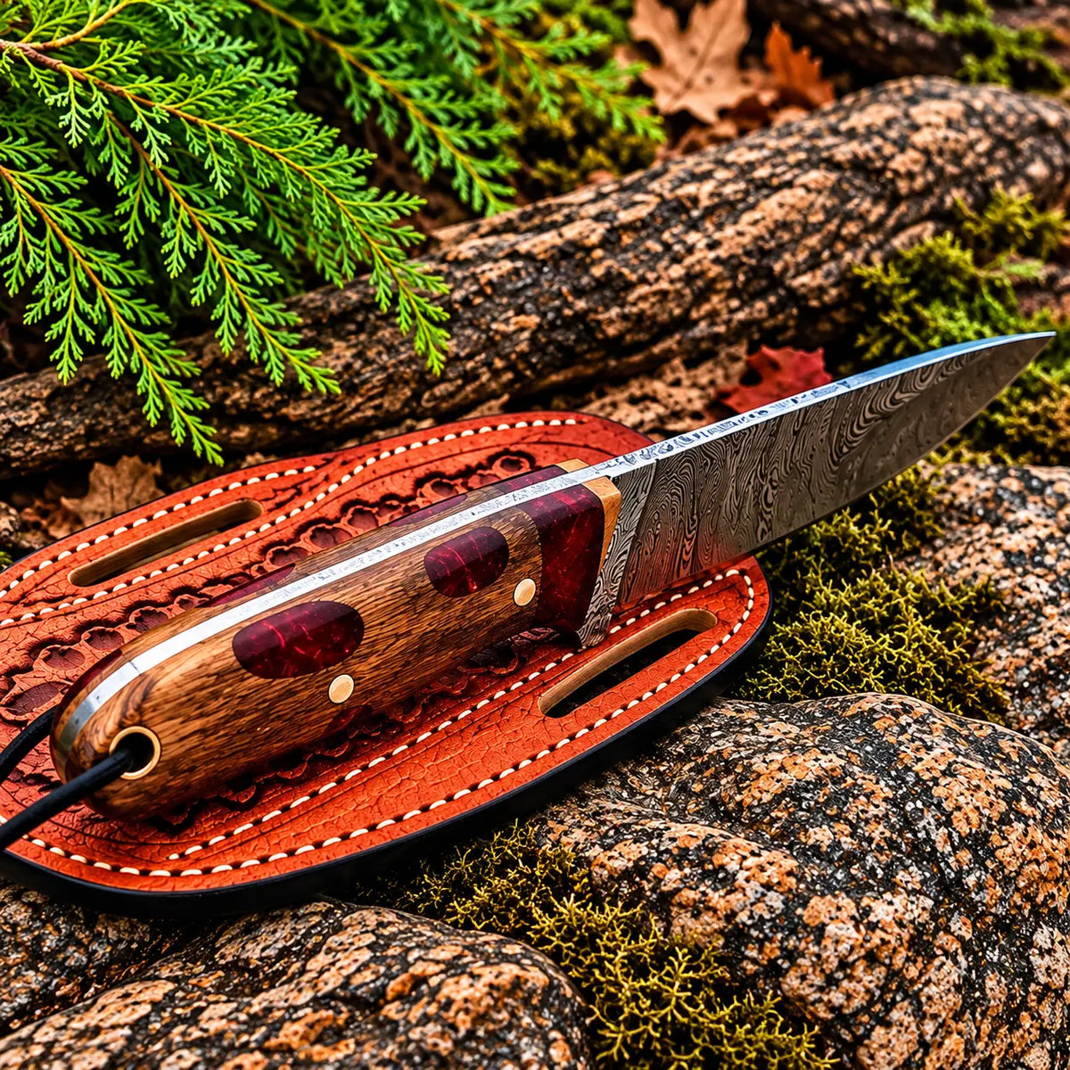 Damascus skinner knife on wood background - side angle