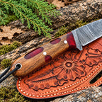 Damascus skinner knife with leather sheath and belt slot