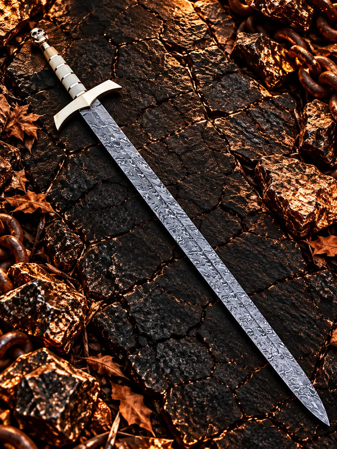 Damascus skull sword with bone grip and leather scabbard - angle 2