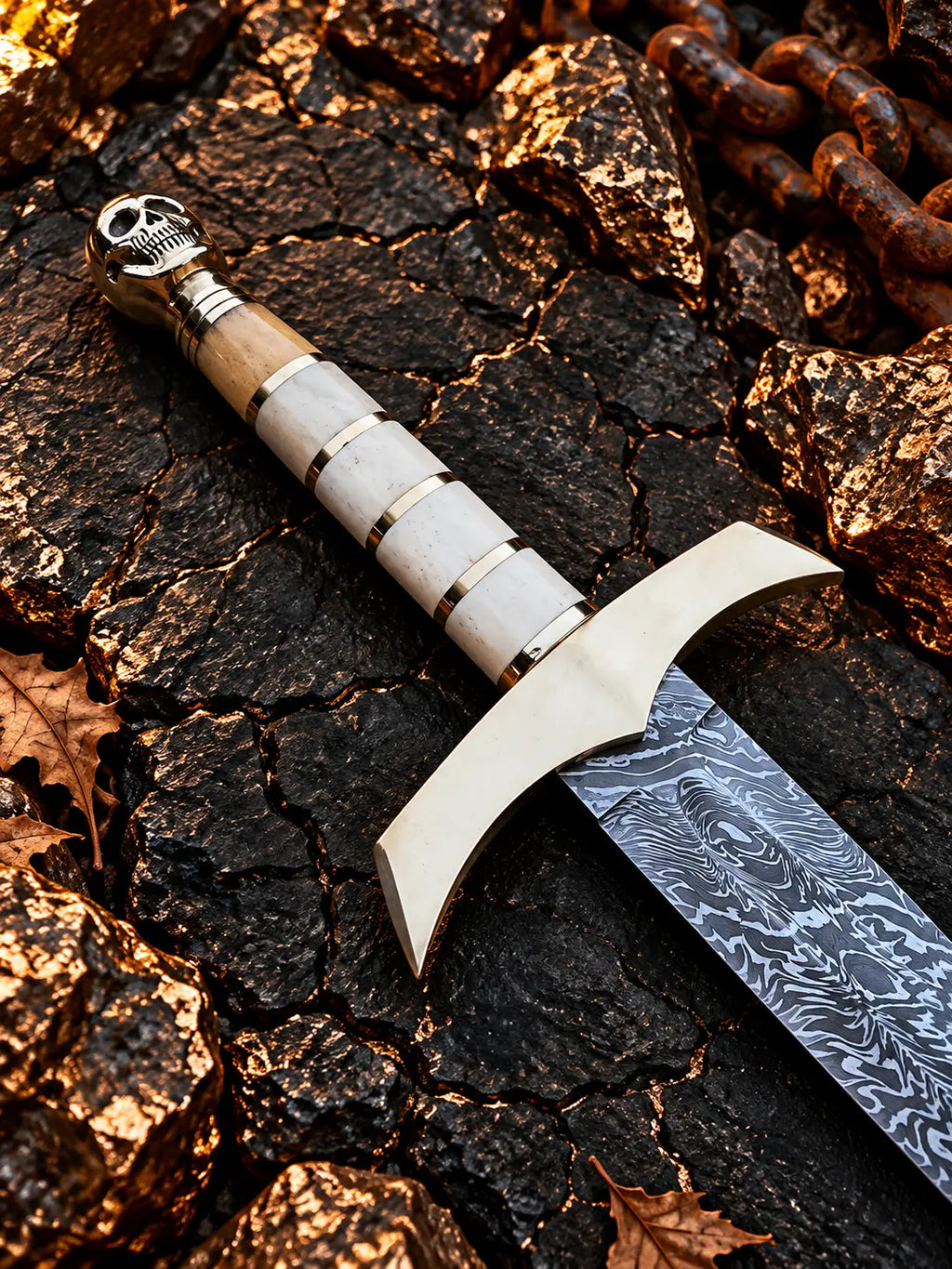 Damascus skull sword with bone grip and leather scabbard - angle 3