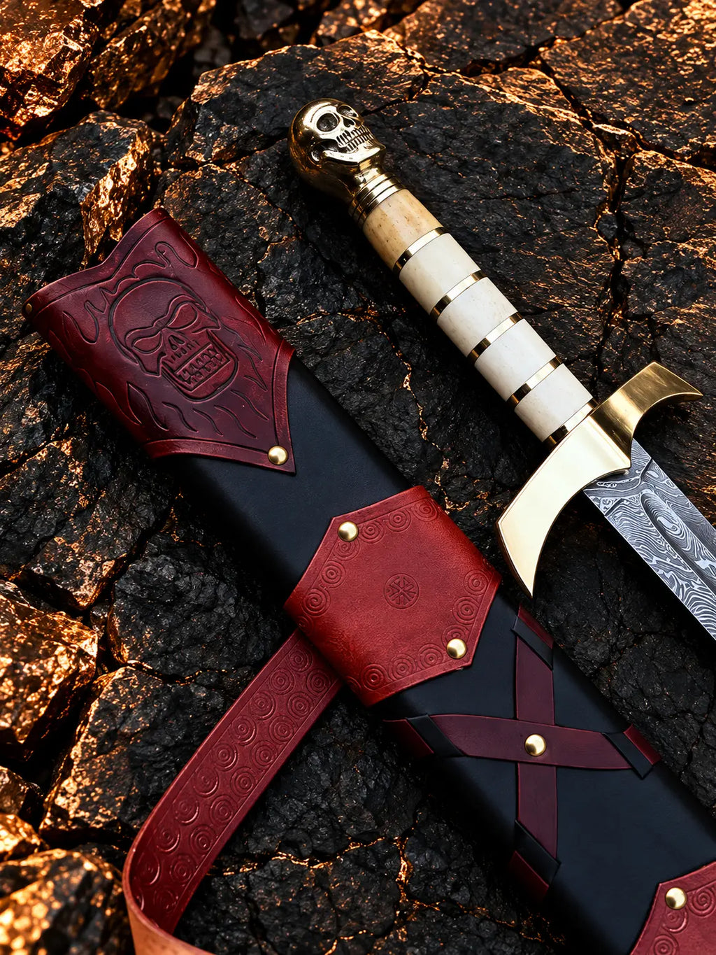 Damascus skull sword with bone grip and leather scabbard - angle 4