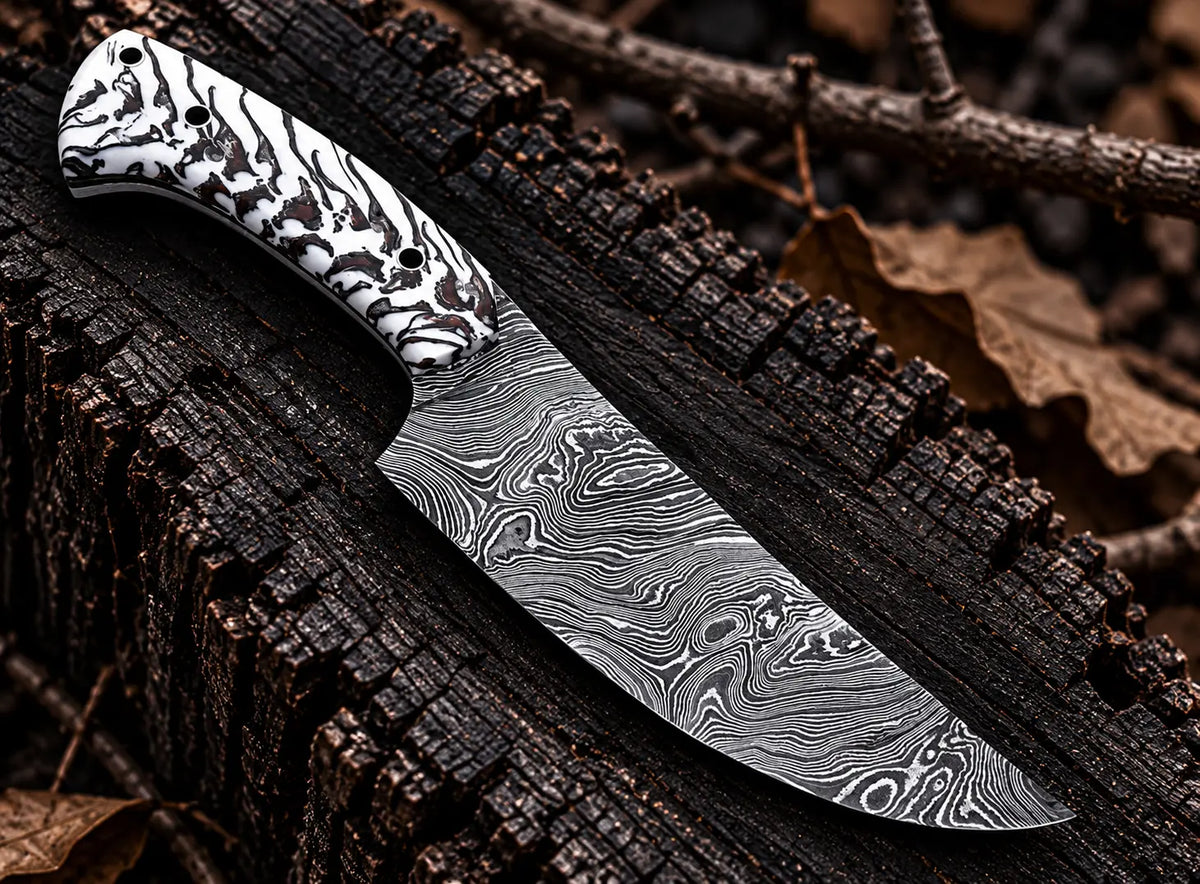 Handmade Damascus full tang slicer knife with pinecone resin handle and white hair-on cowhide sheath - full view