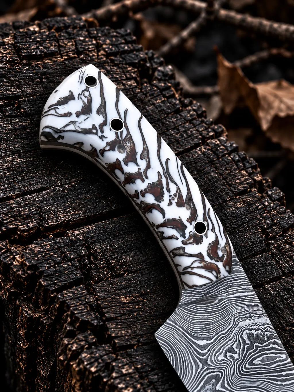 White hair-on cowhide leather sheath for Damascus slicer knife