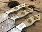 Handmade 3-piece Damascus steel knife set with laser-etched wood handles - full set view