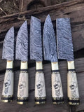 Handmade 5-piece Damascus steel knife set with skull handle design - full set view