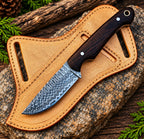 Handmade Damascus steel cowboy knife with full tang wood handle and leather sheath - full view