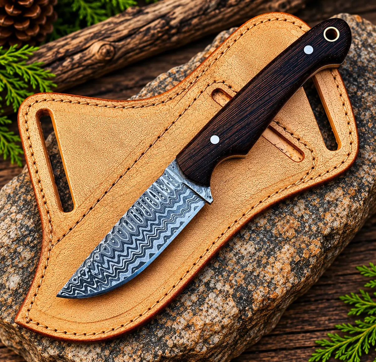 Handmade Damascus steel cowboy knife with full tang wood handle and leather sheath - full view