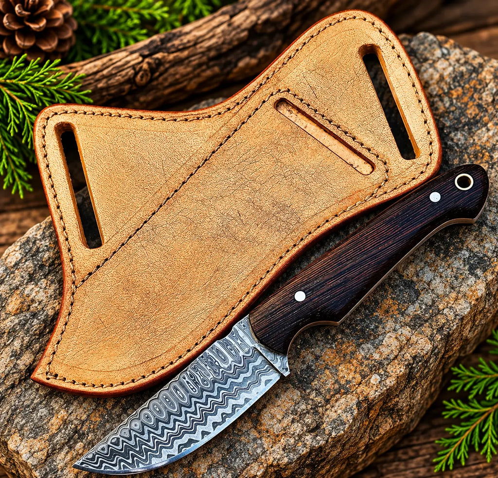 Damascus steel drop point blade pattern close-up on cowboy knife