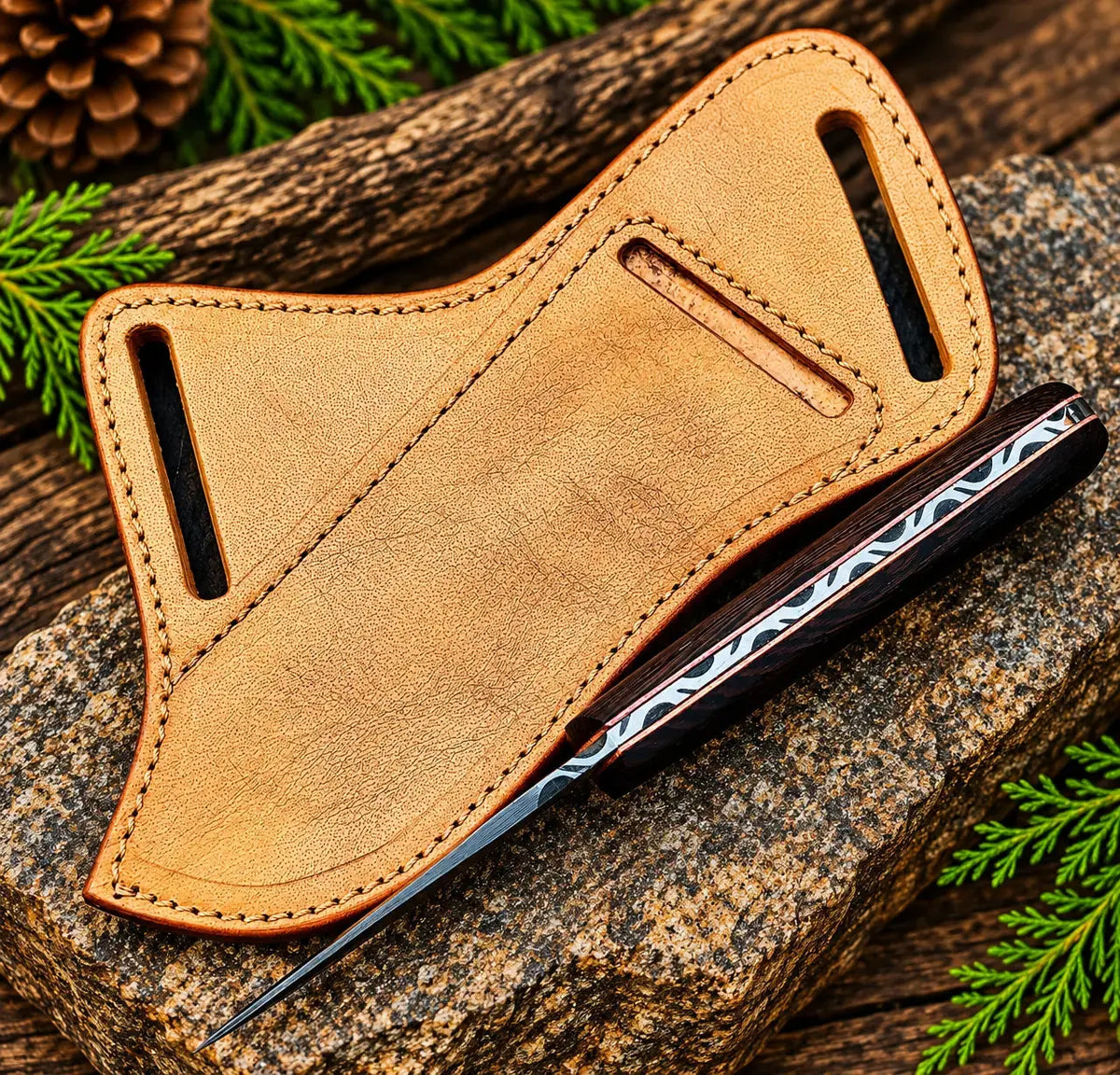 Natural tan leather sheath for Damascus steel cowboy knife