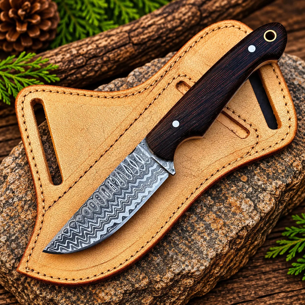 Damascus steel cowboy knife on rock background - side angle