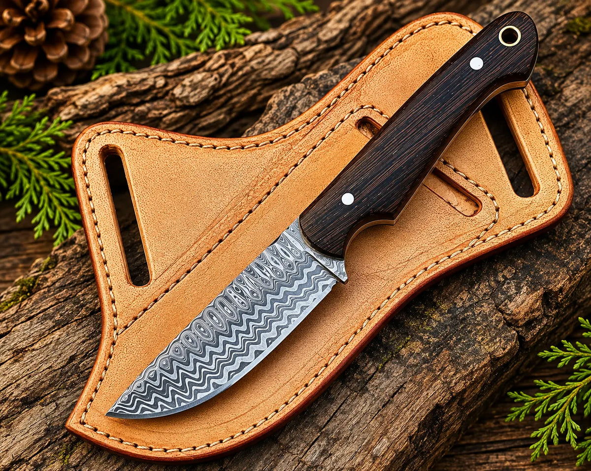 Damascus steel cowboy knife with leather sheath - full length view