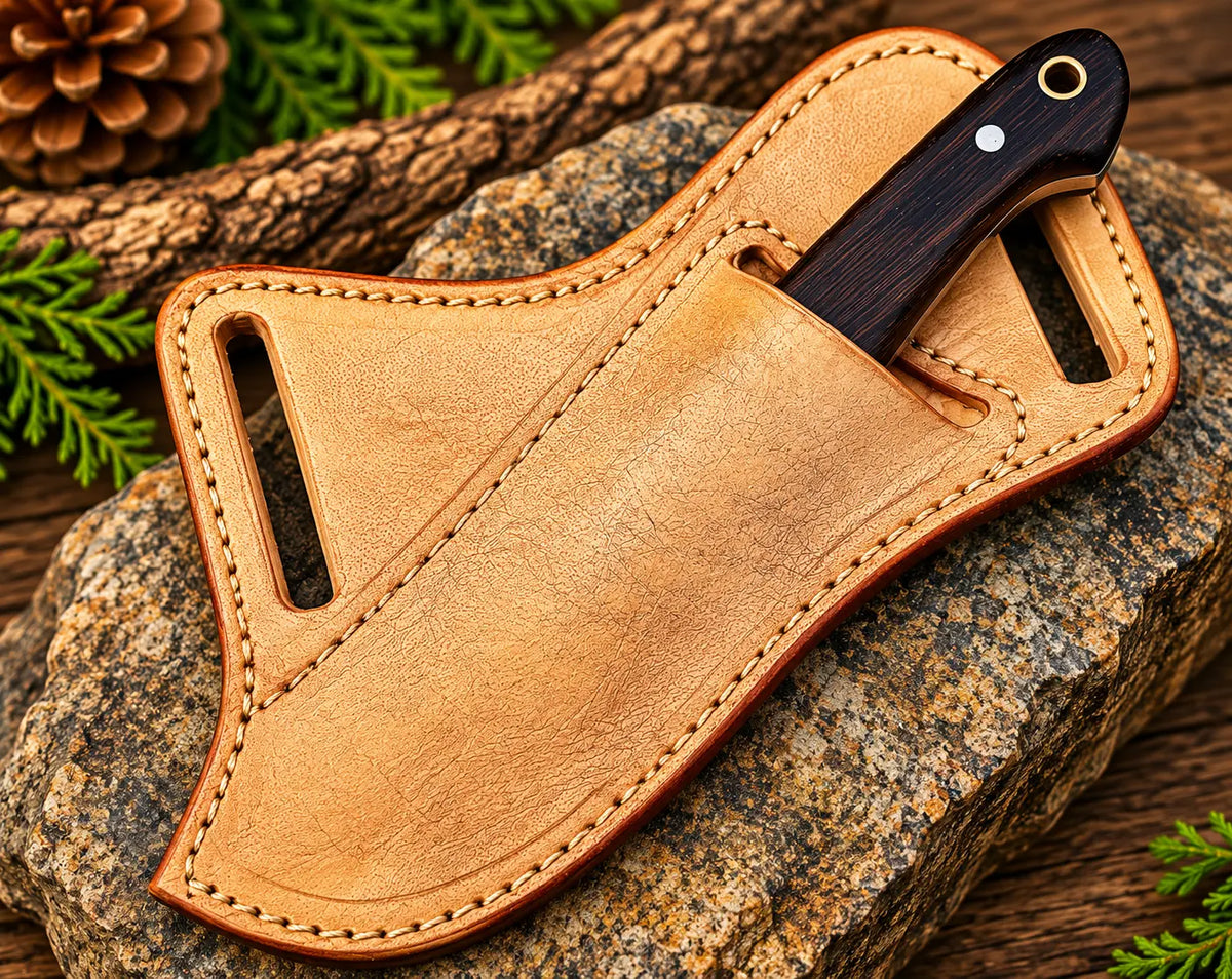 Full tang Damascus cowboy knife blade and handle detail